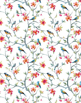 Fabric roller blind with birds on twigs pattern