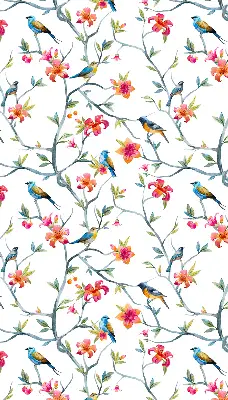 Fabric roller blind with birds on twigs pattern
