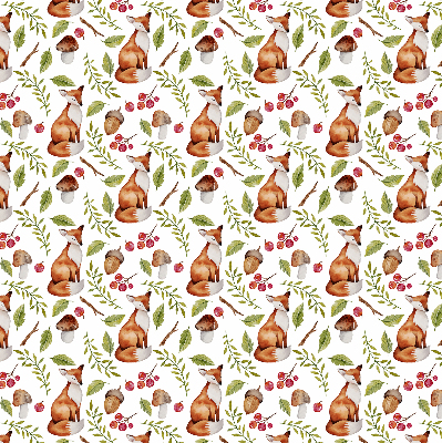 Fabric roller blind with a foxes, mushrooms, and leaves pattern