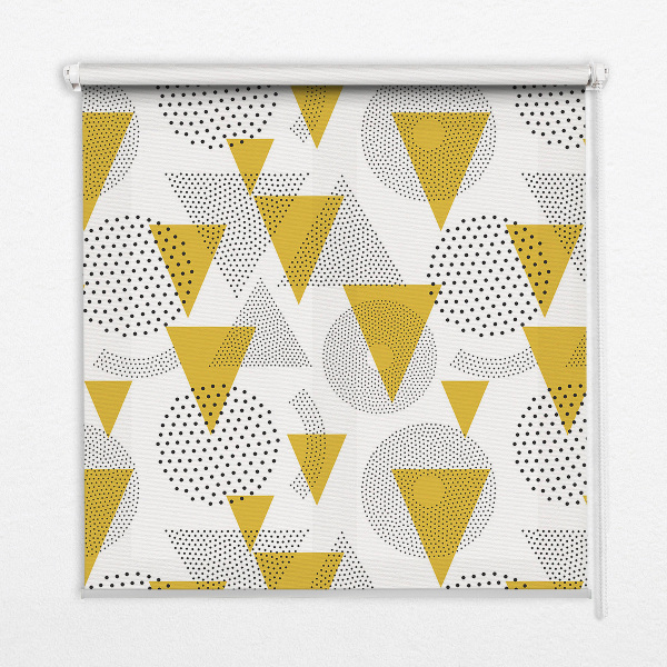 Fabric roller blind with a triangles and circles dot pattern