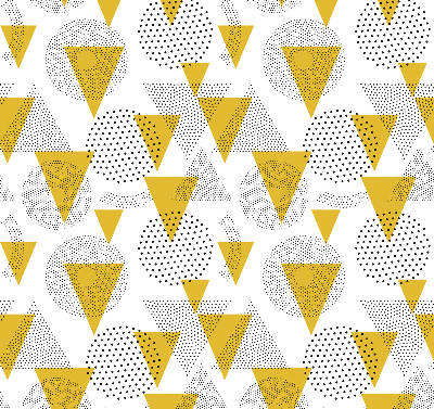 Fabric roller blind with a triangles and circles dot pattern