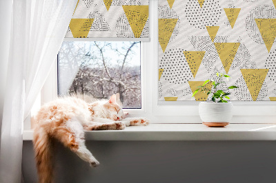 Fabric roller blind with a triangles and circles dot pattern