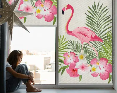 Roller blind for large window flamingos by the leaves print