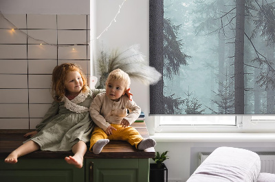 Roller blind for large window featuring a forest at night