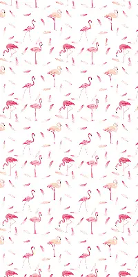 Fabric roller blind featuring a flamingos and feathers pattern
