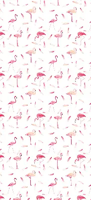 Fabric roller blind featuring a flamingos and feathers pattern