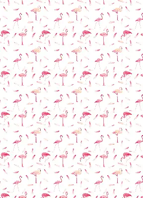 Fabric roller blind featuring a flamingos and feathers pattern