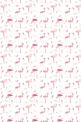 Fabric roller blind featuring a flamingos and feathers pattern