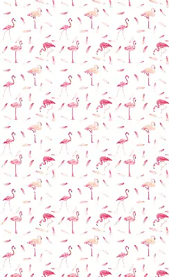 Fabric roller blind featuring a flamingos and feathers pattern