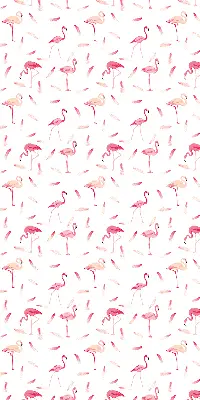 Fabric roller blind featuring a flamingos and feathers pattern