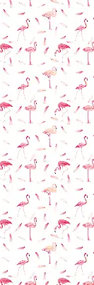 Fabric roller blind featuring a flamingos and feathers pattern