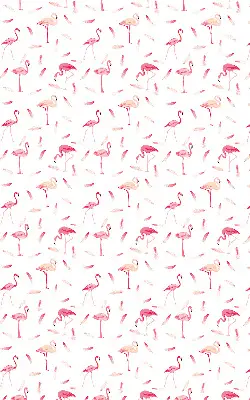 Fabric roller blind featuring a flamingos and feathers pattern