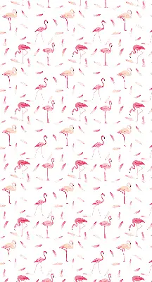 Fabric roller blind featuring a flamingos and feathers pattern