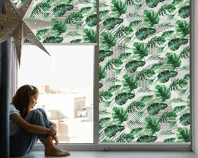 Roller blind for large window with tropical leaves print