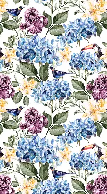 Modern roller blind with toucans and flowers pattern