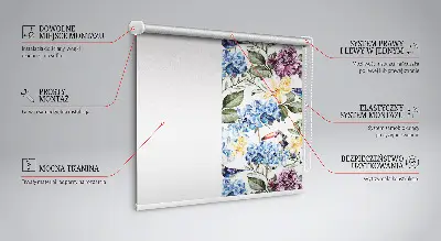 Modern roller blind with toucans and flowers pattern
