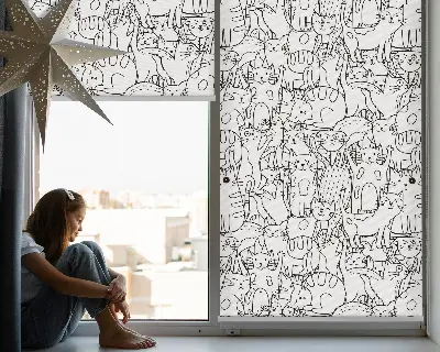 Fabric roller blind with a drawn cats print