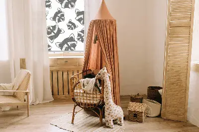 Modern roller blind with a drawn raccoons pattern