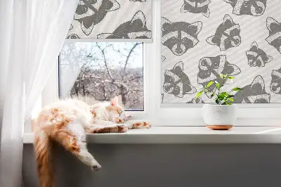 Modern roller blind with a drawn raccoons pattern