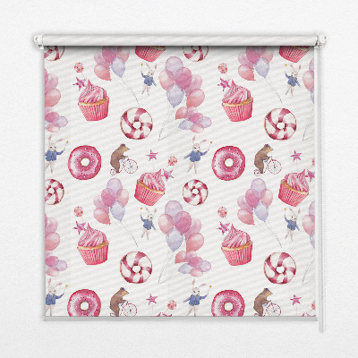 Modern roller blind Pink balloons, donuts, and bunnies