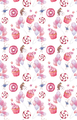 Modern roller blind with pink balloons, donuts, and bunnies