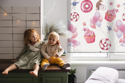 Modern roller blind Pink balloons, donuts, and bunnies