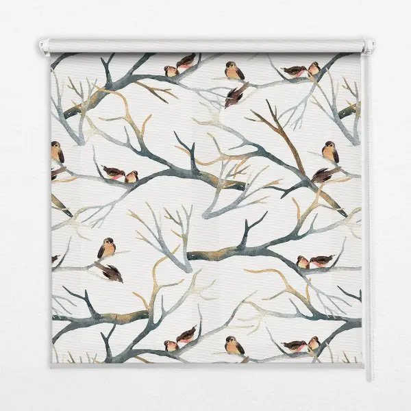 Fabric roller blind birds on a tree pattern