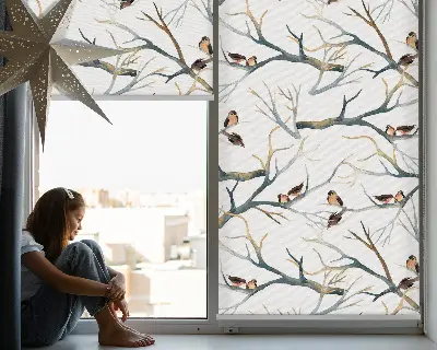 Fabric roller blind birds on a tree pattern