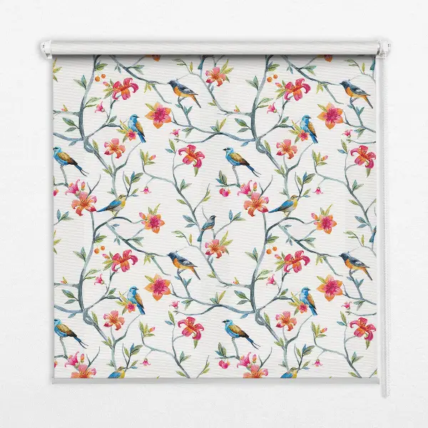 Roller blind for large window featuring a bird on a branch print