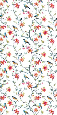 Roller blind for large window featuring a bird on a branch print