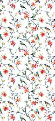 Roller blind for large window featuring a bird on a branch print
