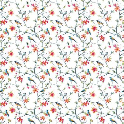 Roller blind for large window featuring a bird on a branch print