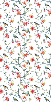 Roller blind for large window featuring a bird on a branch print