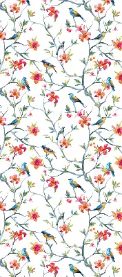 Roller blind for large window featuring a bird on a branch print