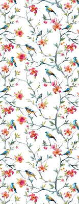 Roller blind for large window featuring a bird on a branch print