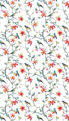 Roller blind for large window featuring a bird on a branch print