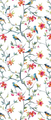 Roller blind for large window featuring a bird on a branch print