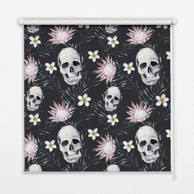 Fabric roller blind with a skulls among flowers pattern