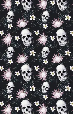 Fabric roller blind with a skulls among flowers pattern