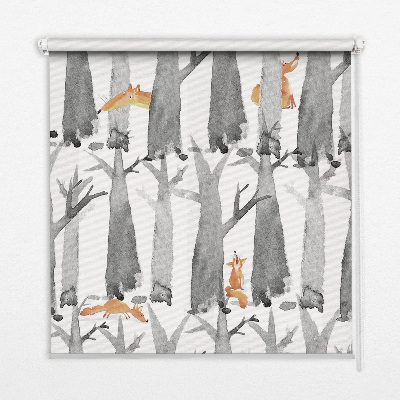 Roller blind for large window Gray trees red foxes