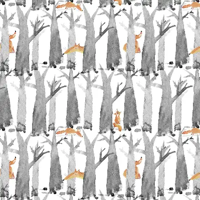 Roller blind for large window in a gray trees and red foxes pattern