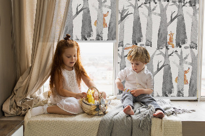 Roller blind for large window Gray trees red foxes