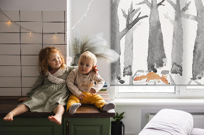 Roller blind for large window Gray trees red foxes