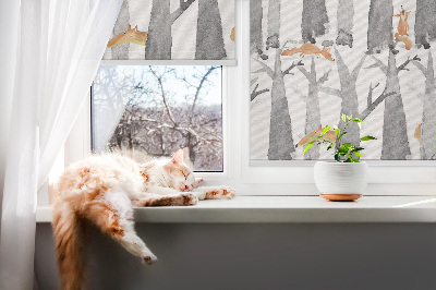 Roller blind for large window Gray trees red foxes