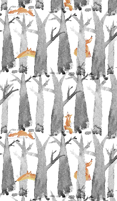 Roller blind for large window in a gray trees and red foxes pattern