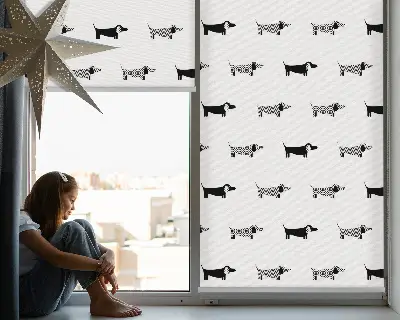 Roller blind for large windows with drawn dogs pattern