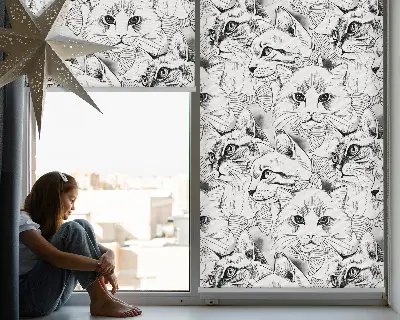 Roller blind for large window drawn cats pattern