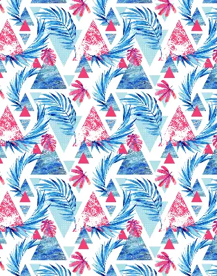 Roller blind for large windows blue leaves and triangles pattern