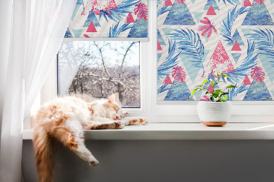 Roller blind for large window Blue leaves and triangles