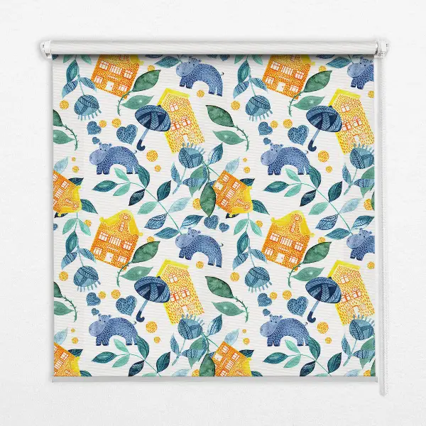 Roller blind for large window yellow houses and blue plants print